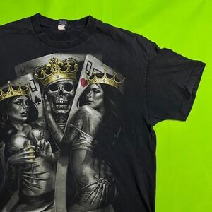 DGA Mens Black Graphic T-Shirt Skull King Queen Poker Cards Size XXL USA
